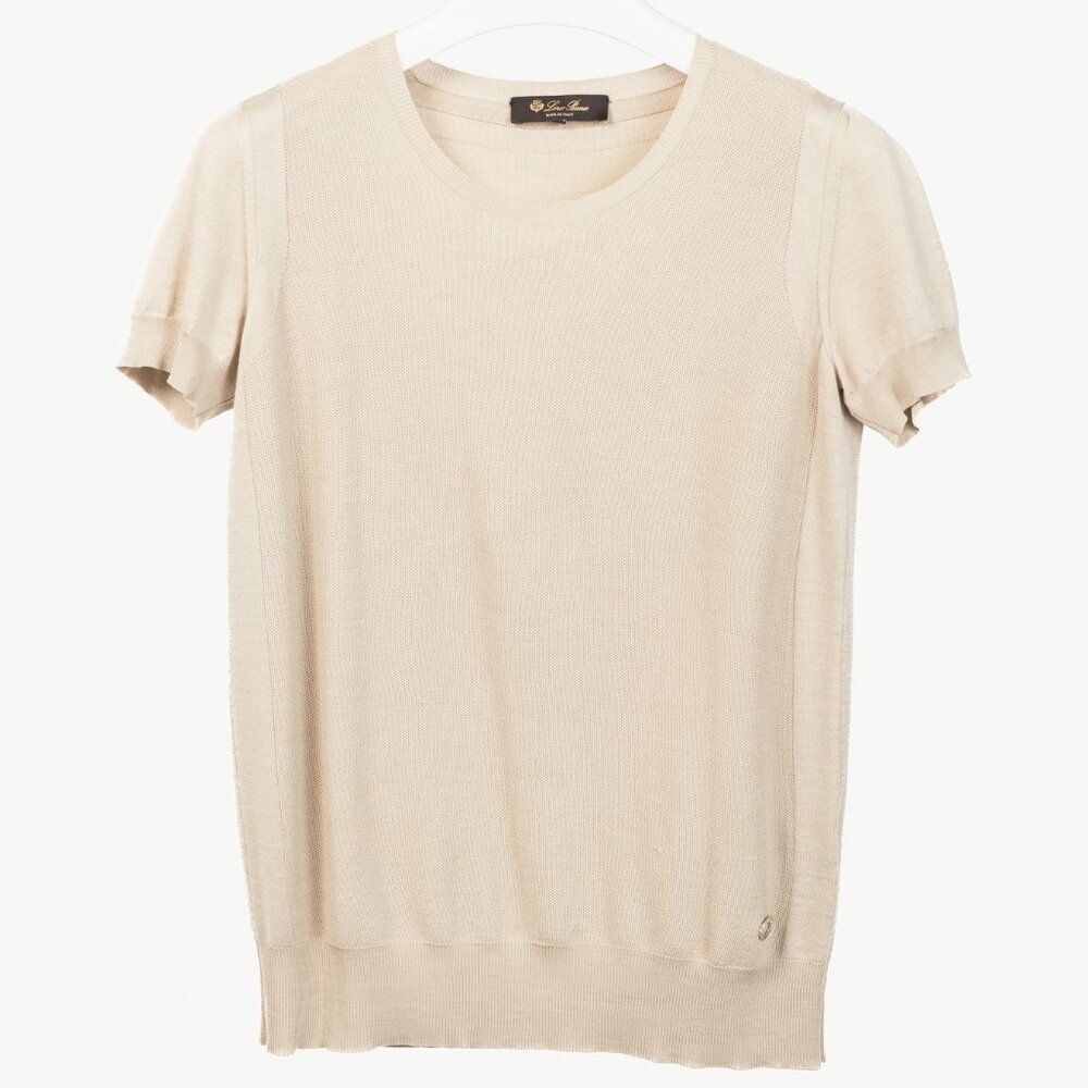 Loro Piana Beige Silk & Cotton Knit Short-Sleeve Sweater